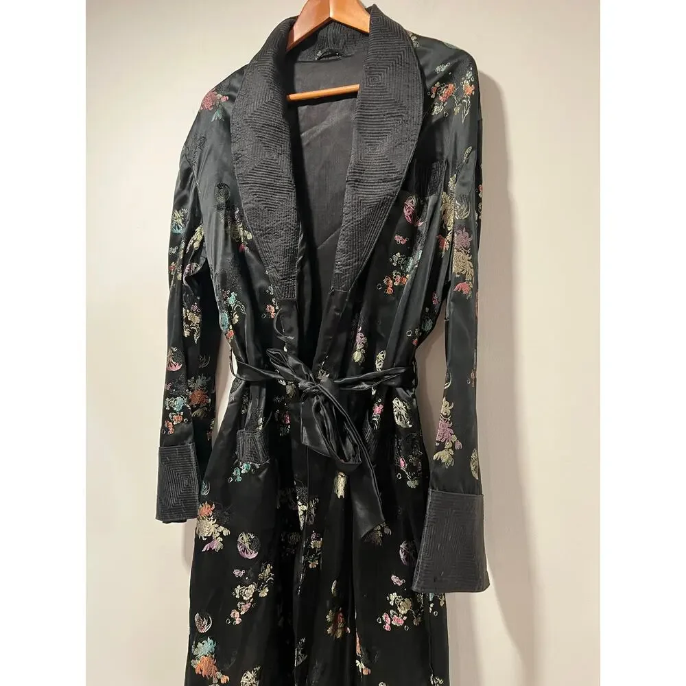 Vintage Japanese Black Floral Satin Robe Quilted Collar & Wrists Large JL